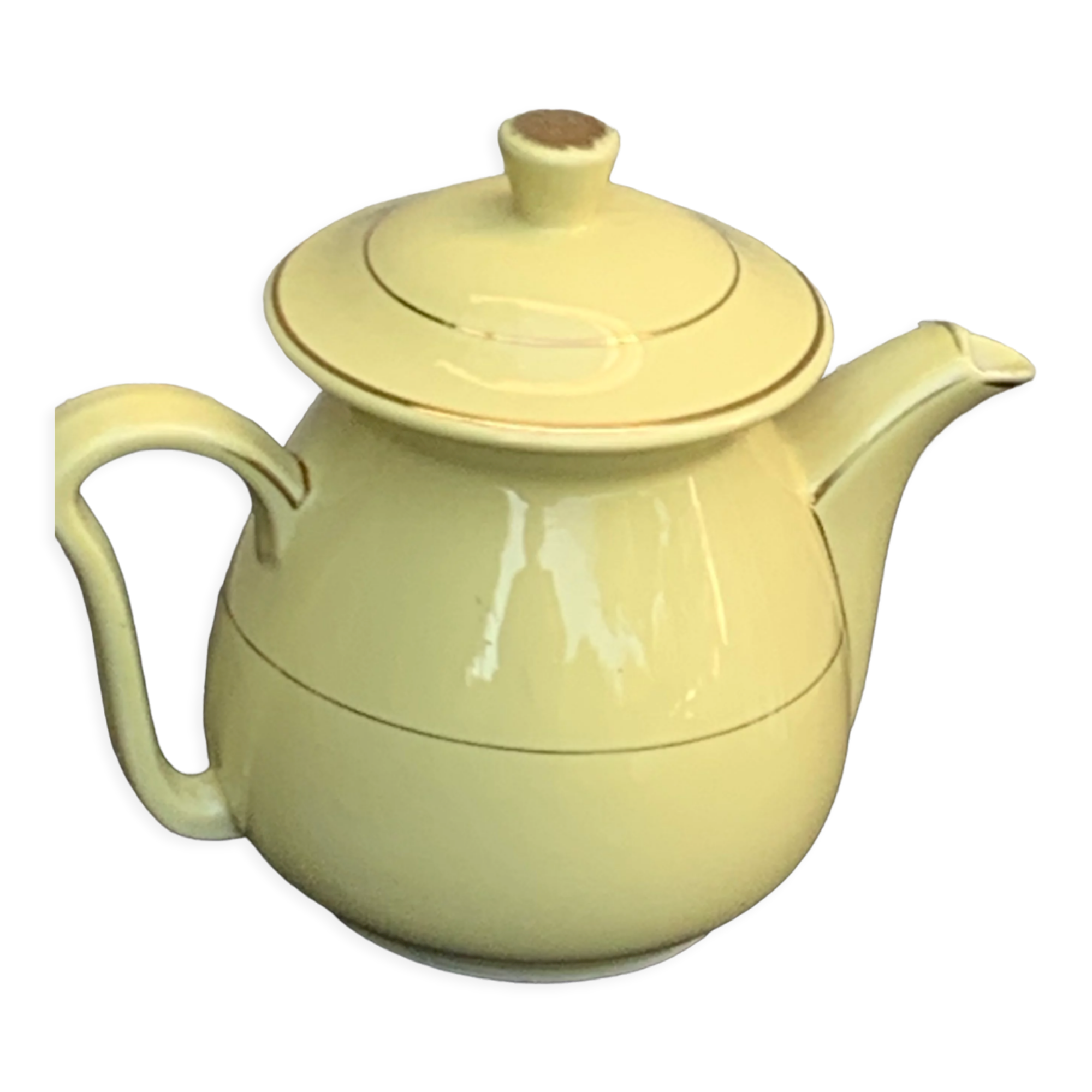 Teapot, yellow earthenware coffee maker and vintage gold edging
