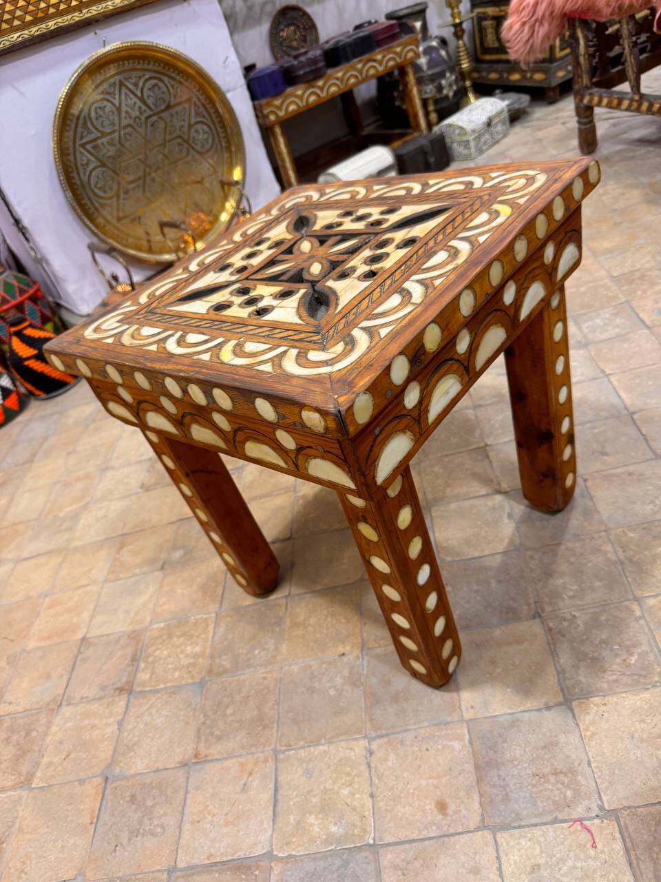 Moroccan camel bone marquetry wooden table for bedroom or living room