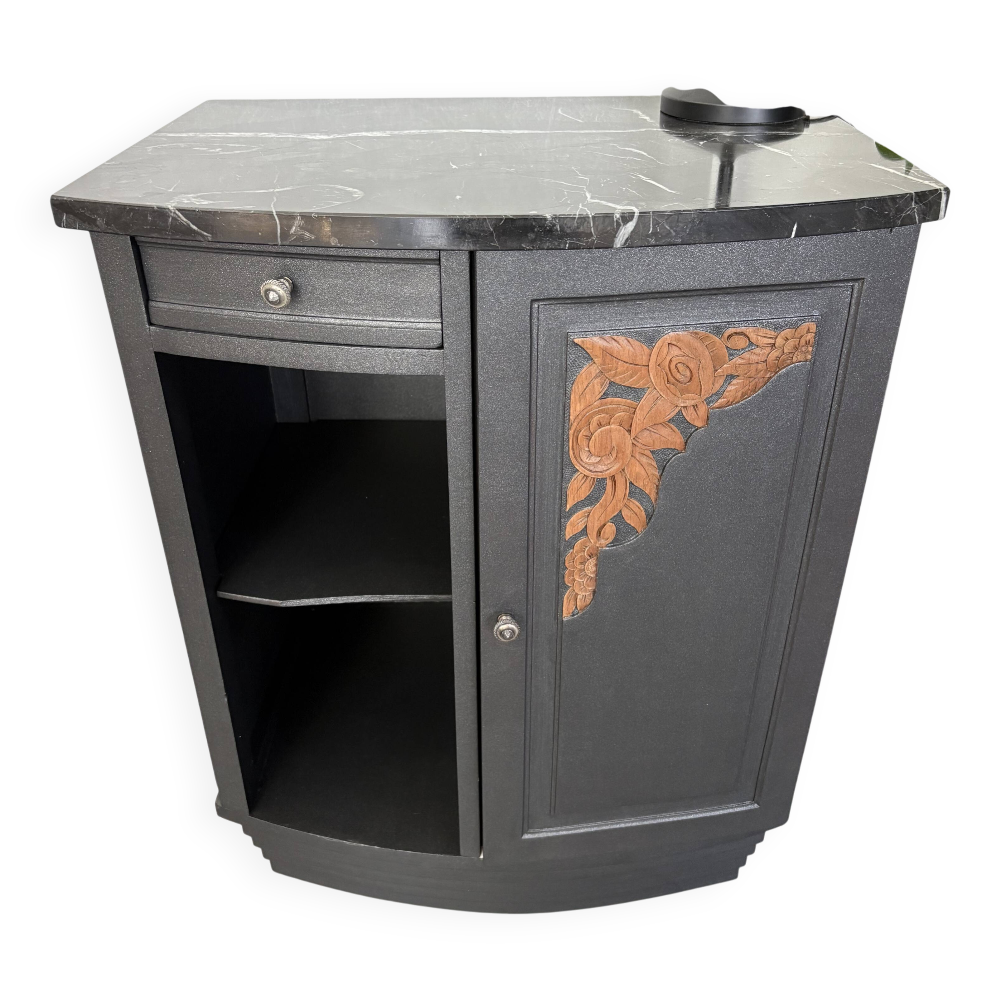 Storage unit, vintage bedside table painted black with a black marble top