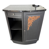 Storage unit, vintage bedside table painted black with a black marble top