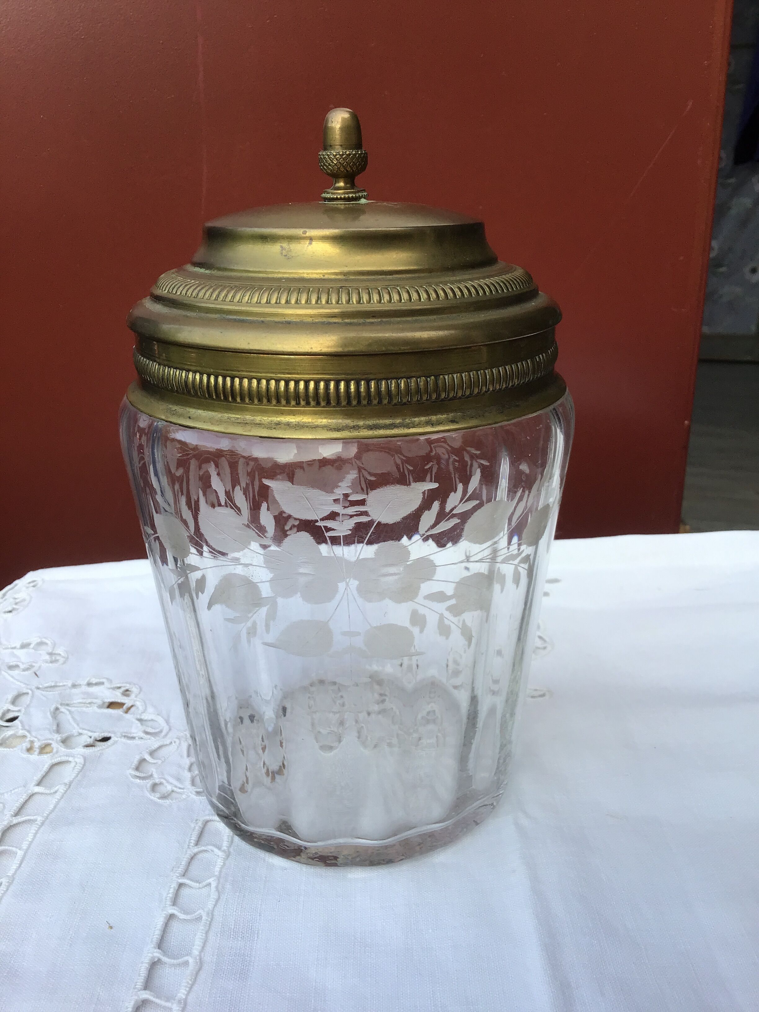 Glass cookie jar engraved metal frame brass