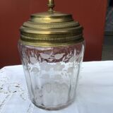 Glass cookie jar engraved metal frame brass