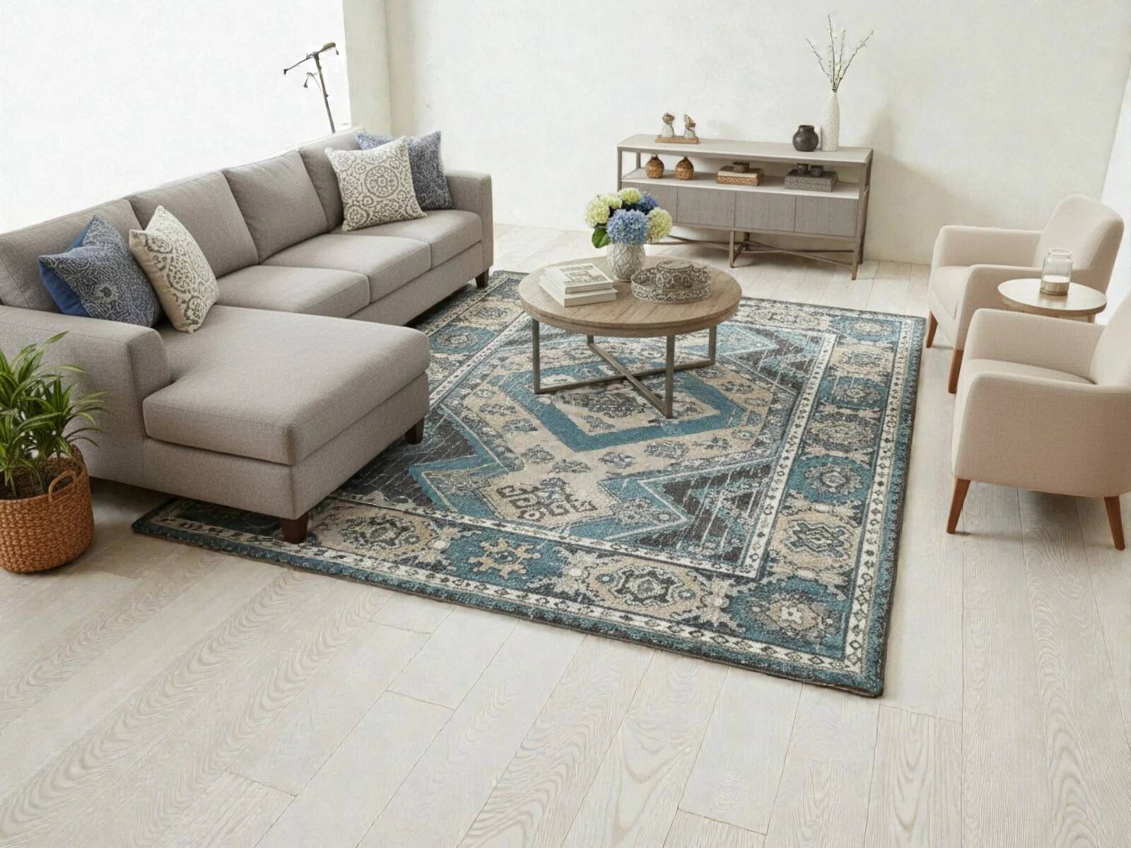 Bohemian Chic Rug in Petrol Blue and Beige with Abstract Patterns