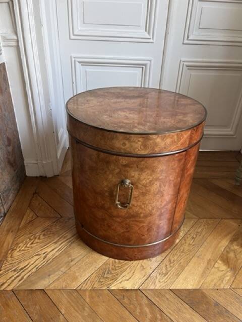 Drum side table in wood burl with door
