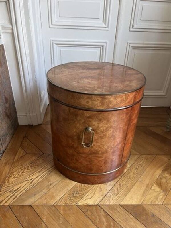 Table d'appoint tambour en loupe de bois avec porte