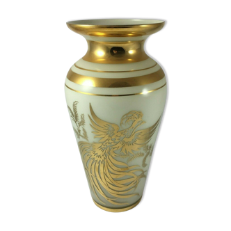 Opaline vase with bird decoration, gilded decoration, 1960