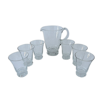 Colorless crystal orangeade service consisting of one pitcher and six glasses