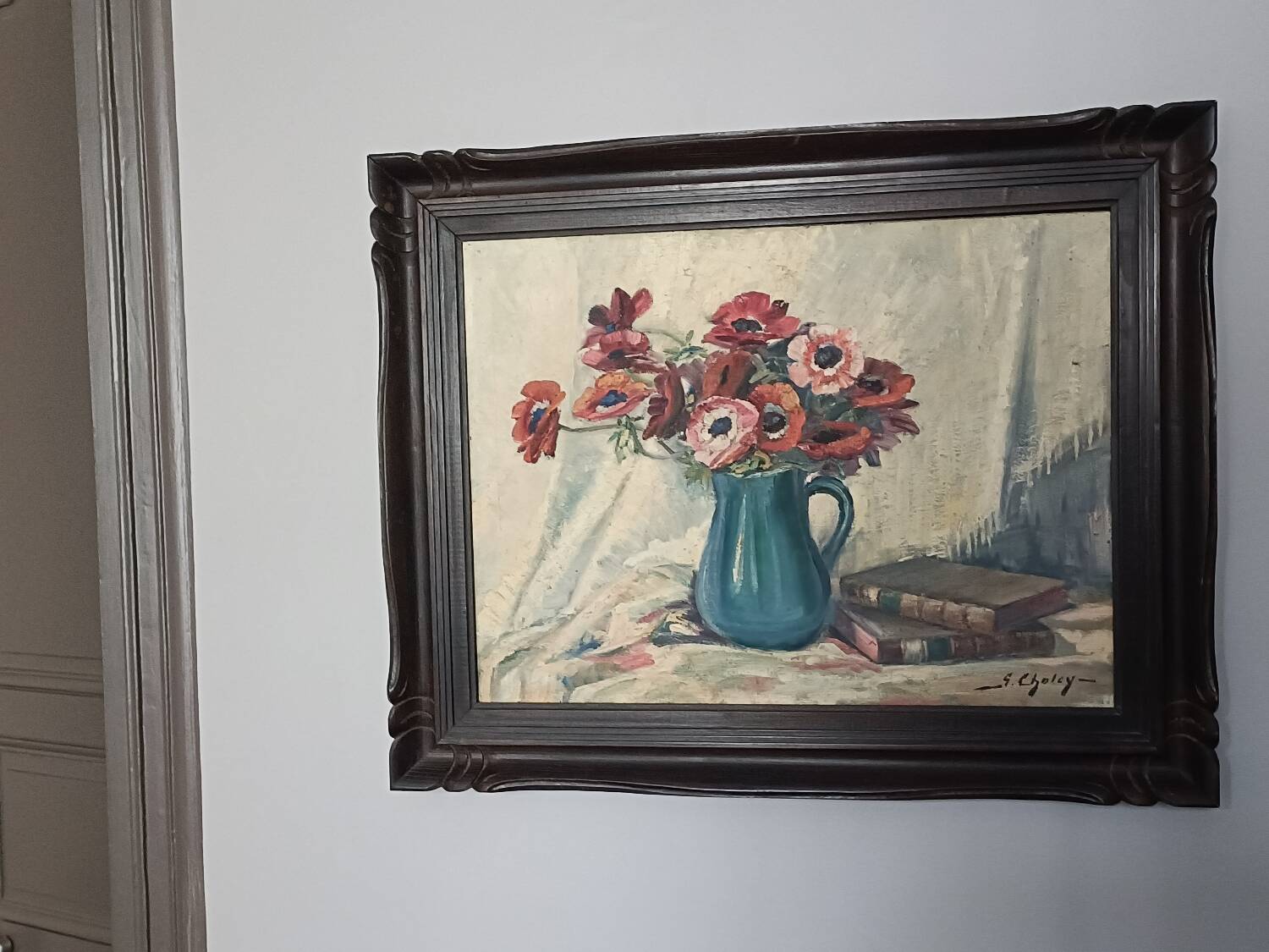 Grande huile sur toile, vase fleuri, Gustav Choley