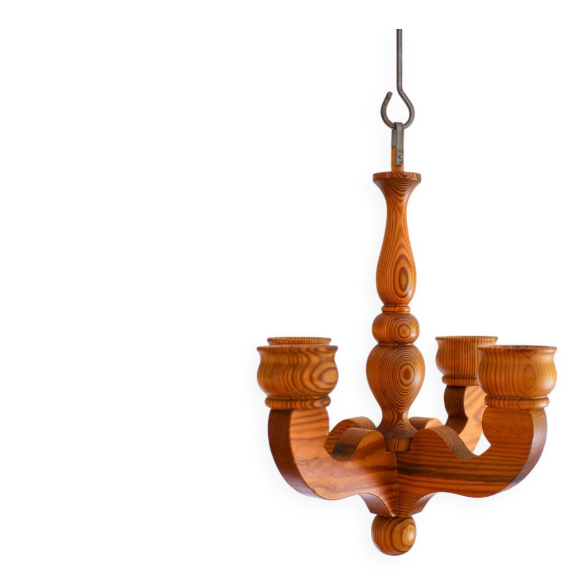 Rustic wooden pendant chandelier candleholder from Smålandsslöjd, Sweden, 1975