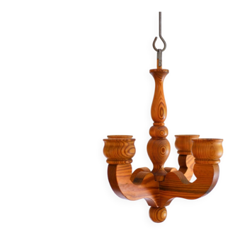 Rustic wooden pendant chandelier candleholder from Smålandsslöjd, Sweden, 1975