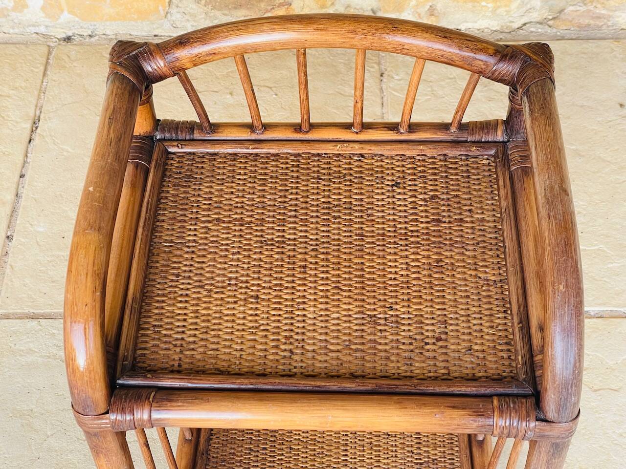 Vintage bamboo and wicker bedside table with 2 shelves, circa 1970