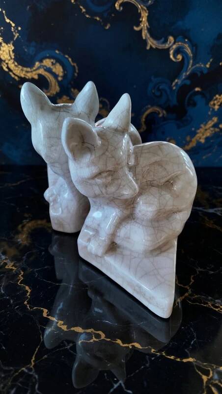 Pair of Fox Bookends - in Crackled Ceramic - Art Deco Style