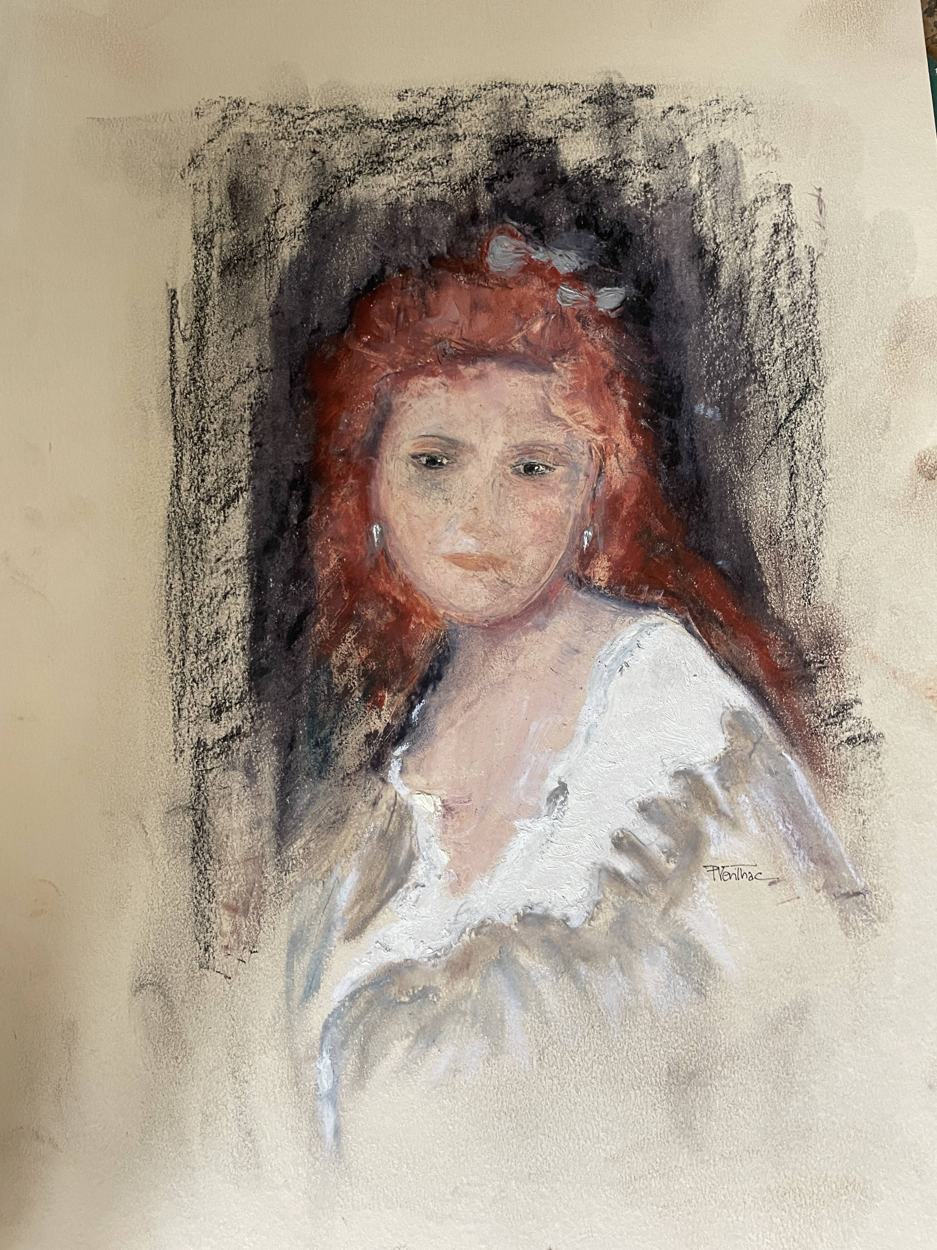 Tableau pastel signé portrait femme rousse