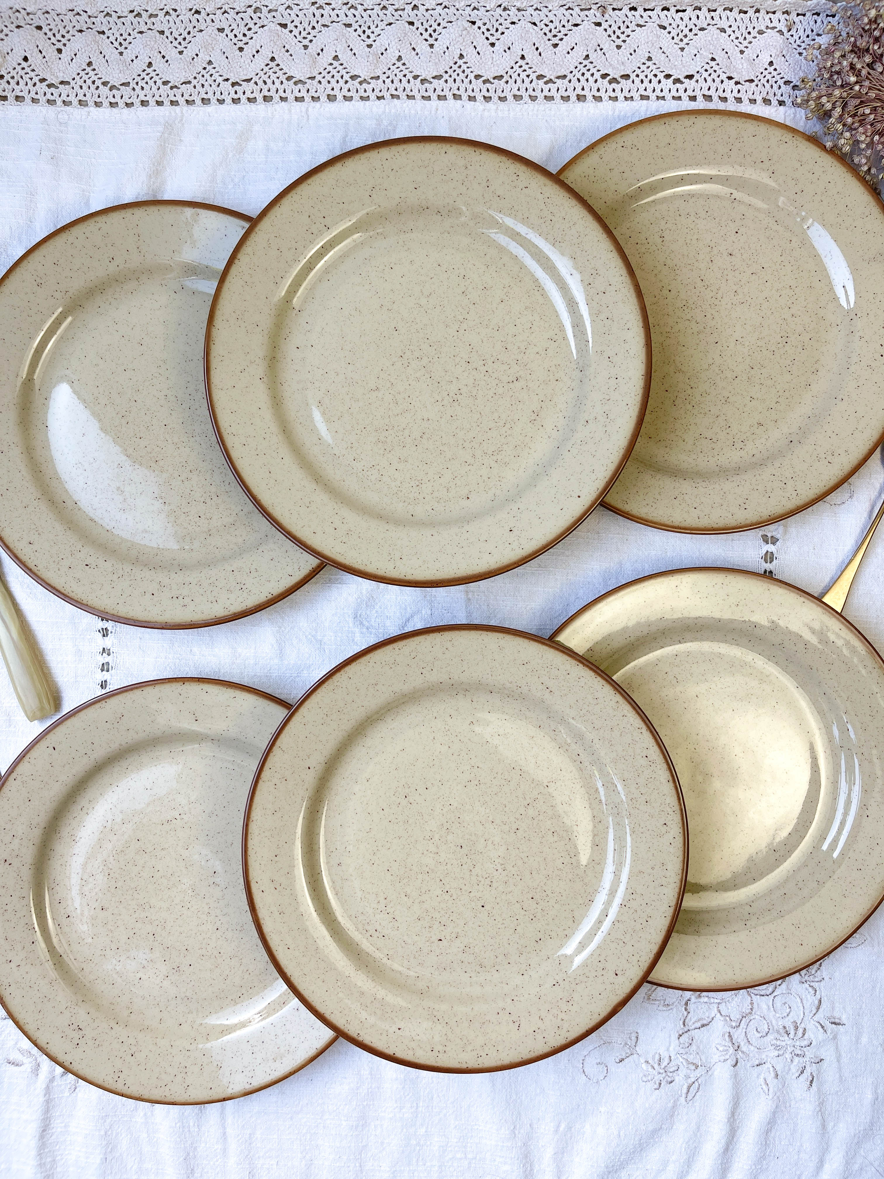 6 flat plates in speckled beige stoneware Tulowice Poland 1970