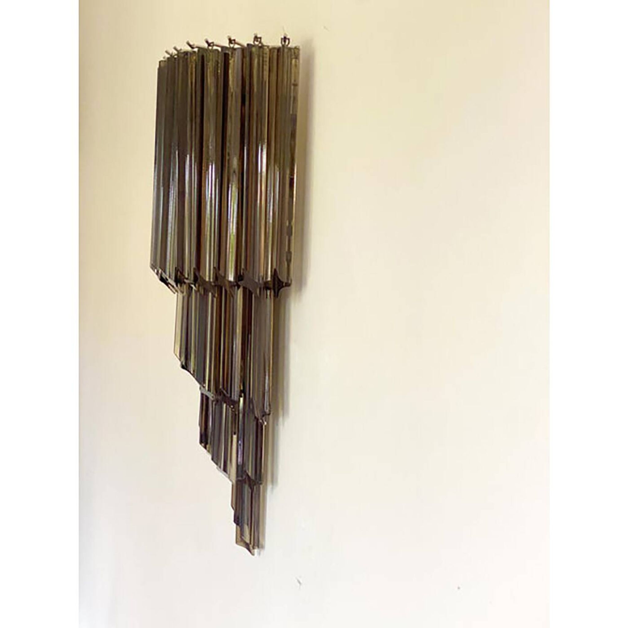 Set of Two Venetian Fumè "Quadriedro" Murano Glass Wall Sconces