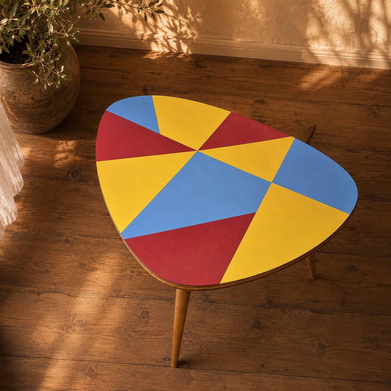 Czechoslovak table in Brussels style, made of oak and colourful umakart, 1950s.