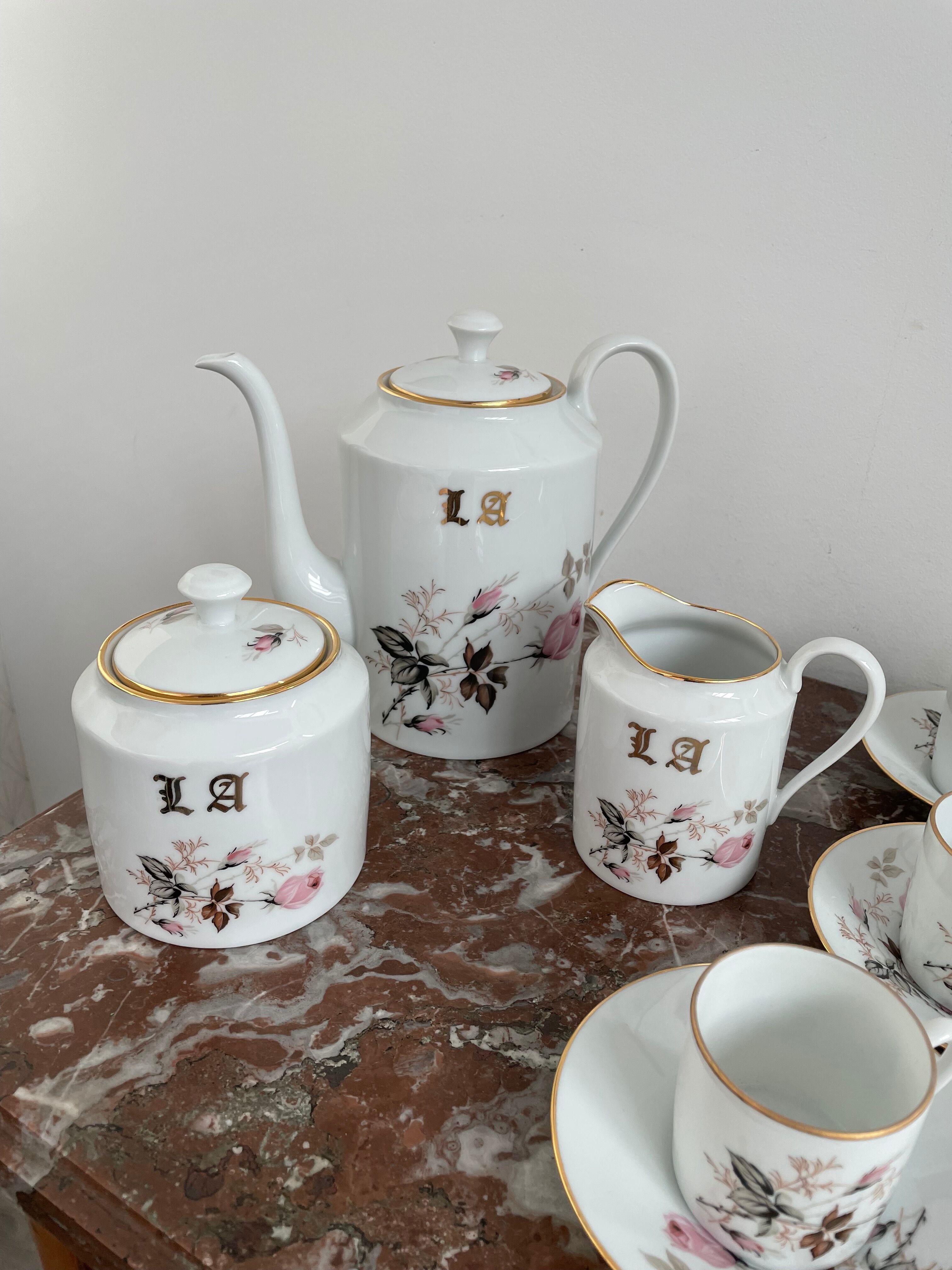 Vintage, coffee service, tea, Limoges, Flowers, cipher, 11 cups and under cups, teapot, 27 pieces