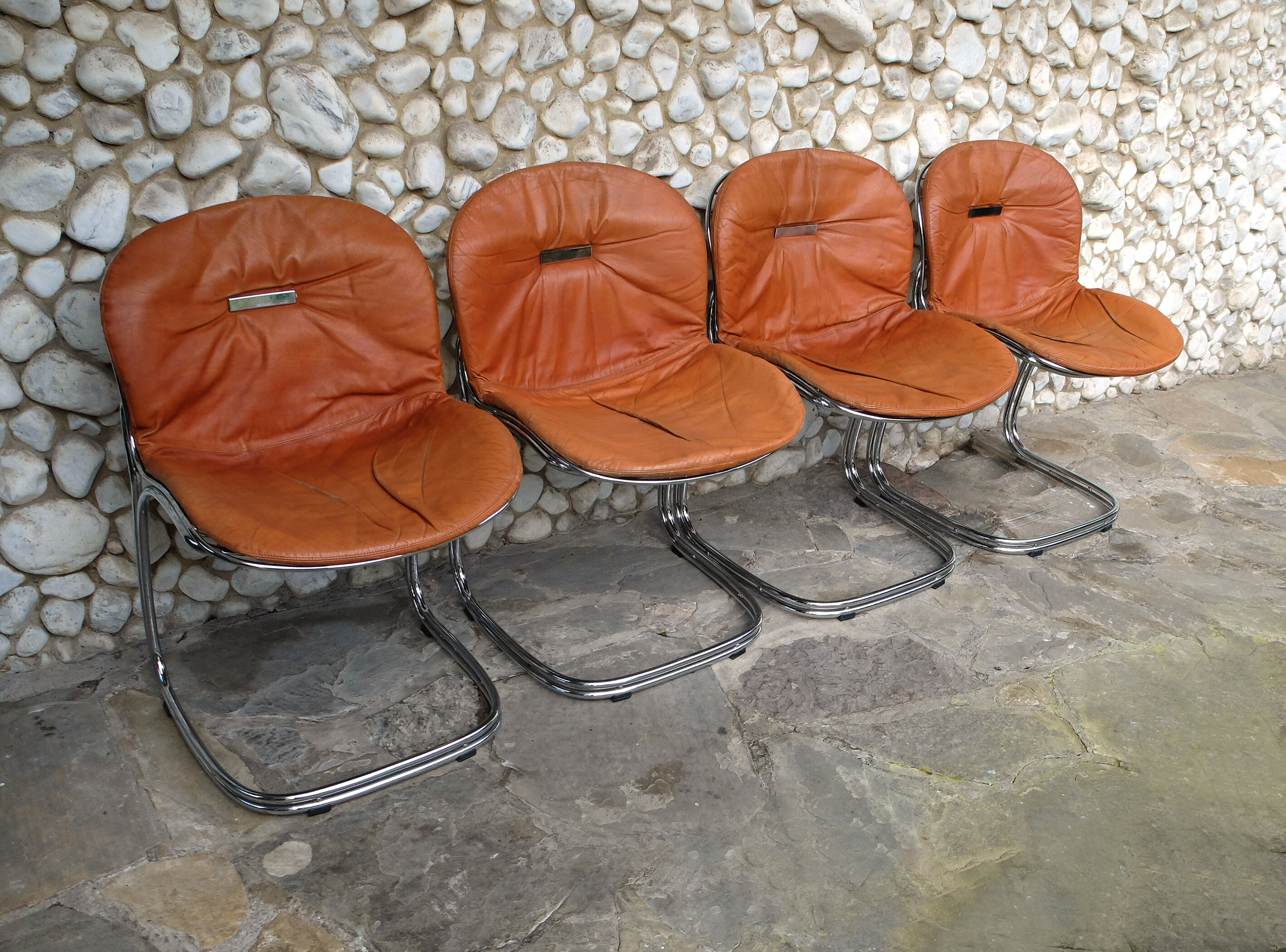 Series of 4 chairs Sabrina design Gastone Rinaldi for Rima, tawny leather, 1970