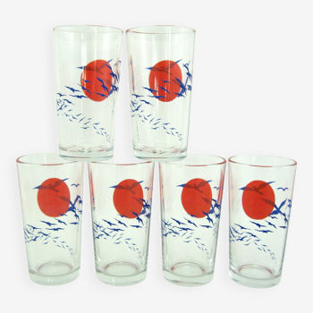 6 verres à orangeade Covetro Italy - décor soleil rouge et oiseaux bleus -  vintage années 80