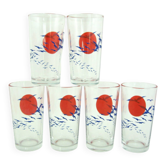 6 verres à orangeade Covetro Italy - décor soleil rouge et oiseaux bleus -  vintage années 80