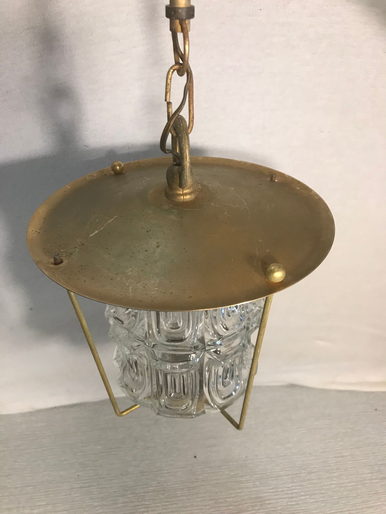 Old Lantern Golden Metal hanging Glass Molded Vintage 70years
