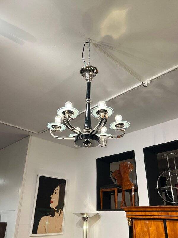 Chandelier Art Déco en laque noire et verre, 1930