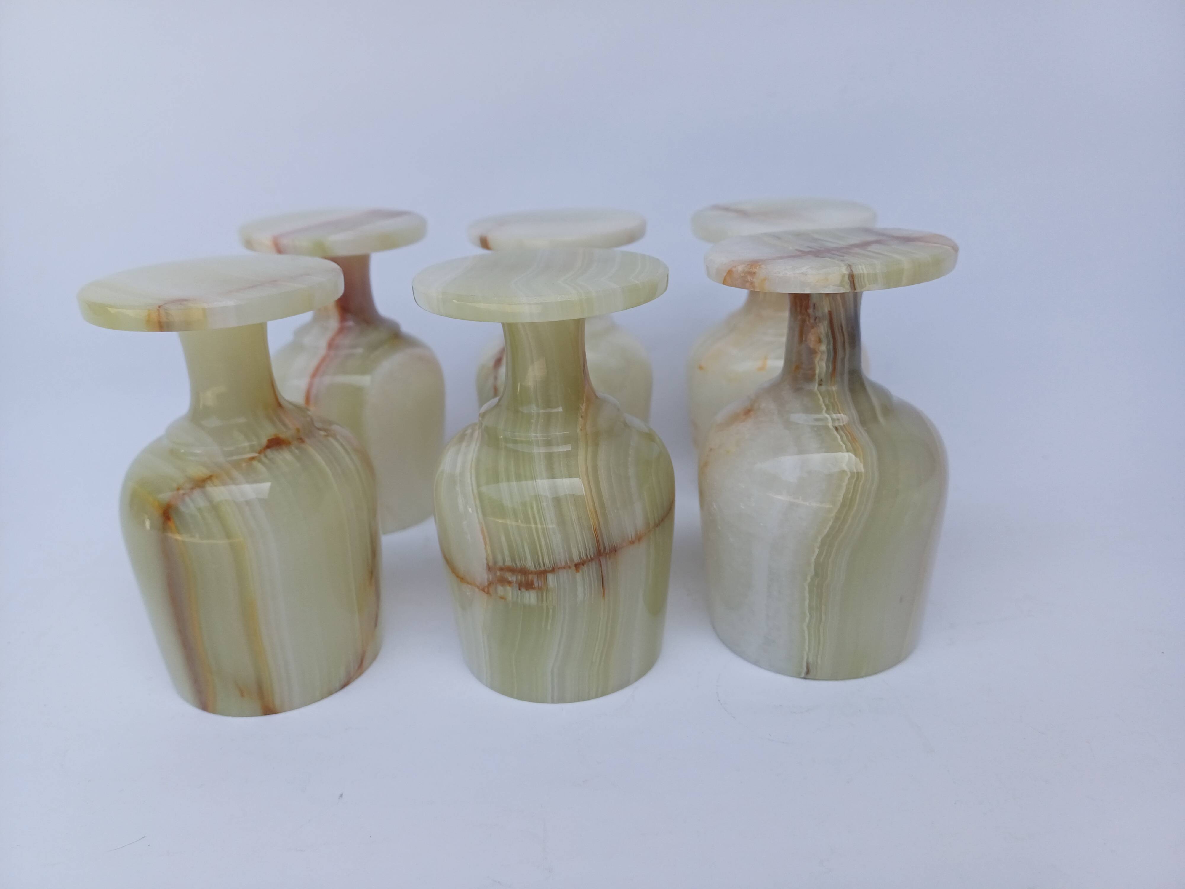 set of 6 small wine glasses in green alabaster stone