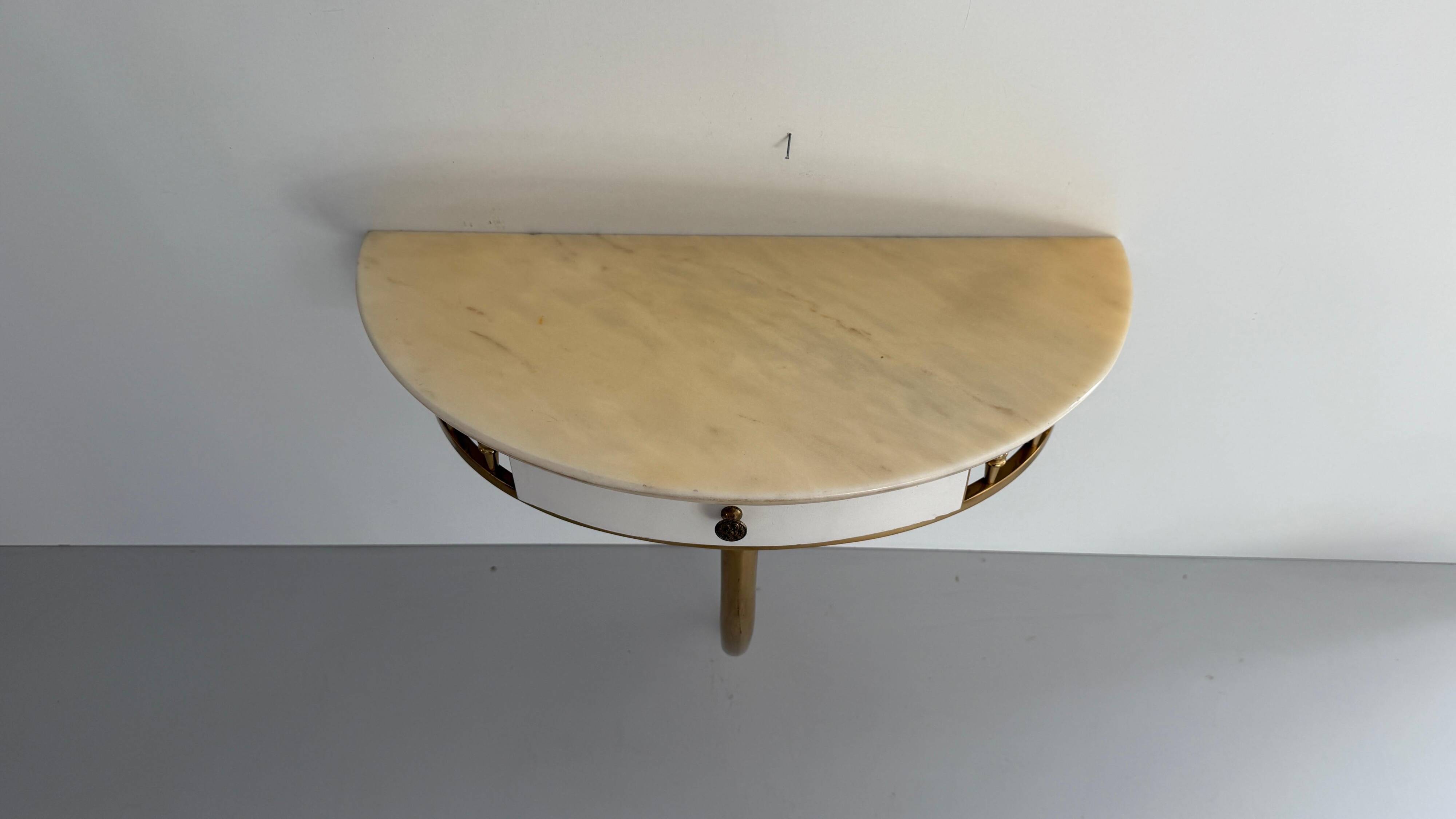 Floating wall console with drawer, brass body and marble top, 1960s, Italy
