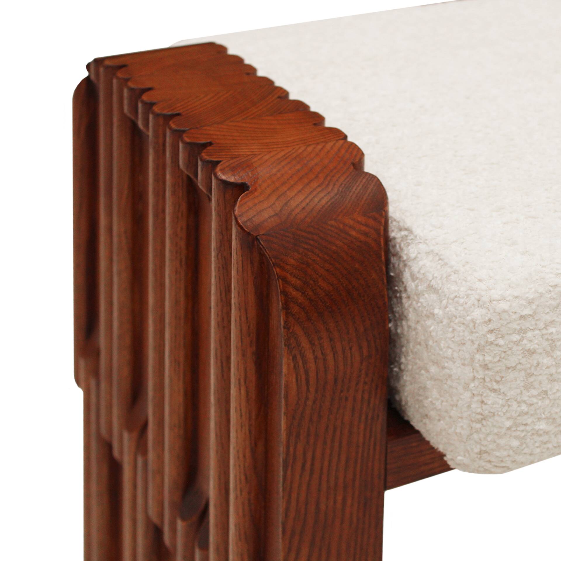 Brutalist Style Sculptural Oak Supports and Ivory Bouclé Upholstery Bench,