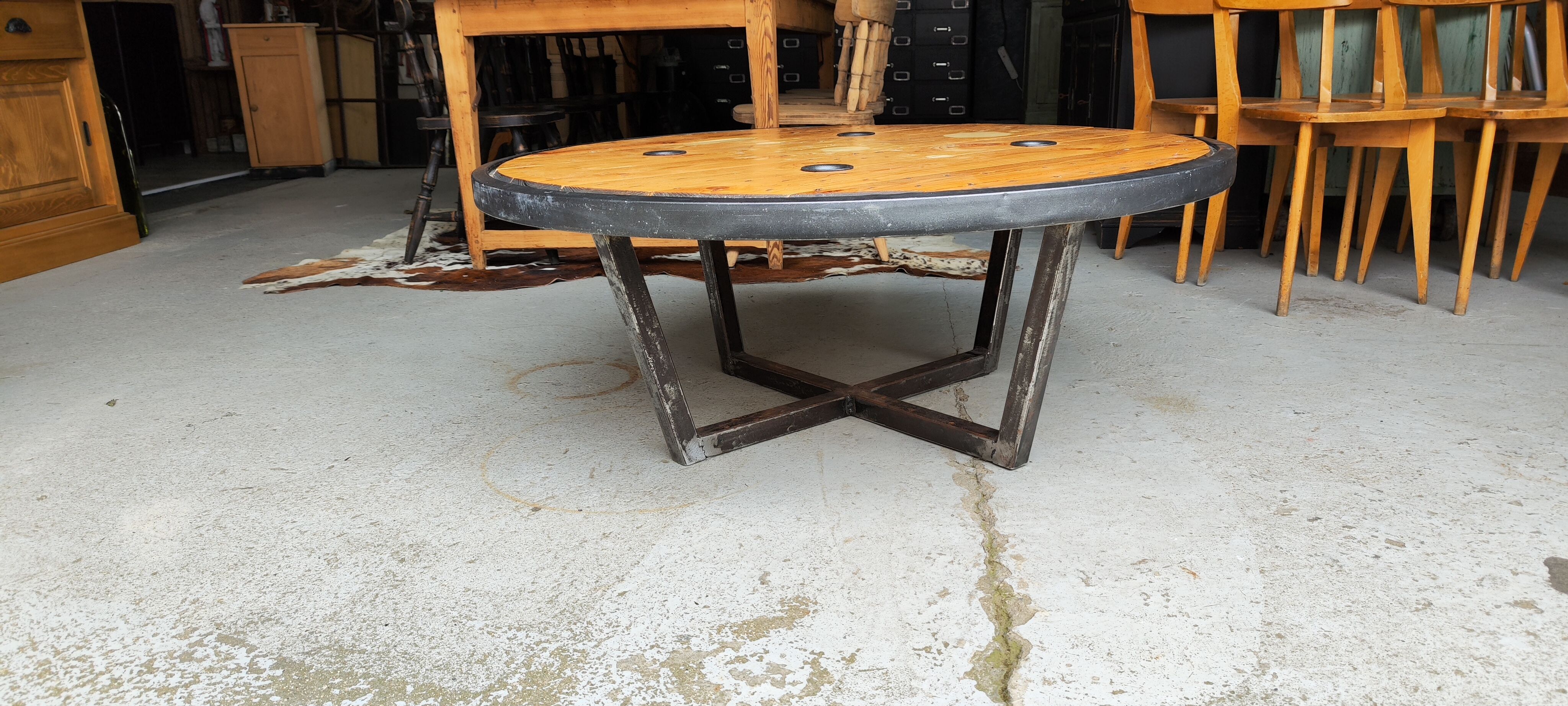Large industrial coffee table metal and wood drum