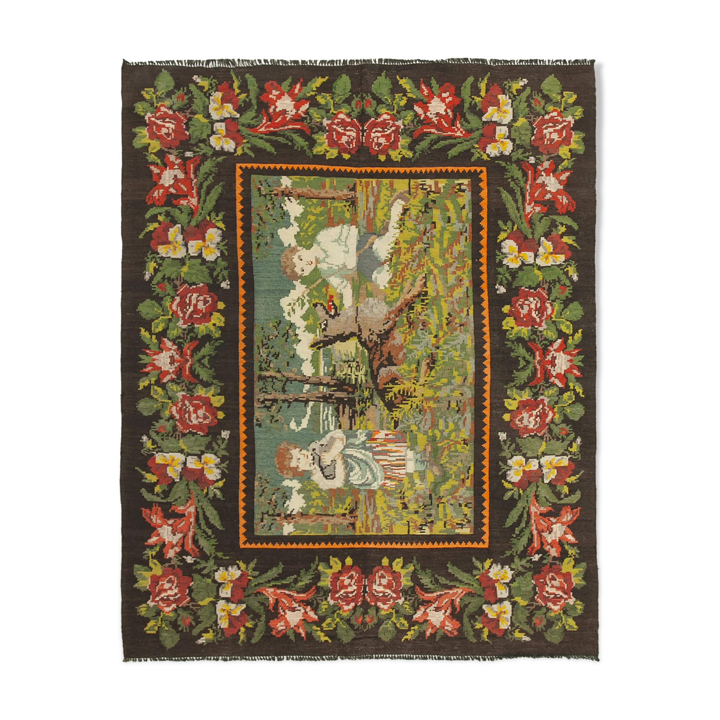 Hand-knotted vintage rose black kilim 192 cm x 240 cm - 23428