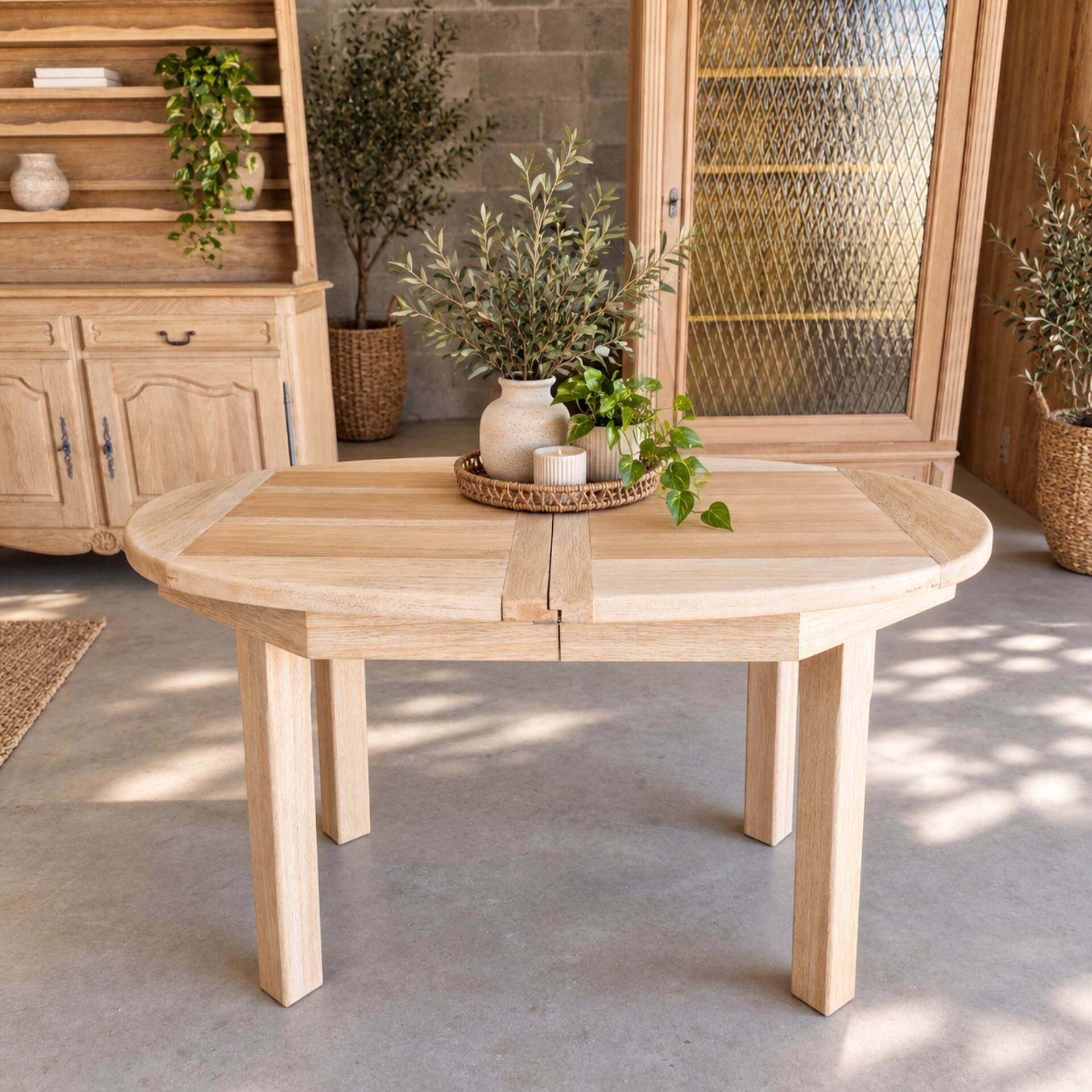 Oval wooden table – 2 extensions – sandblasted & varnished
