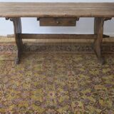 Large antique pine trestle dining table with drawer, Sweden 1780