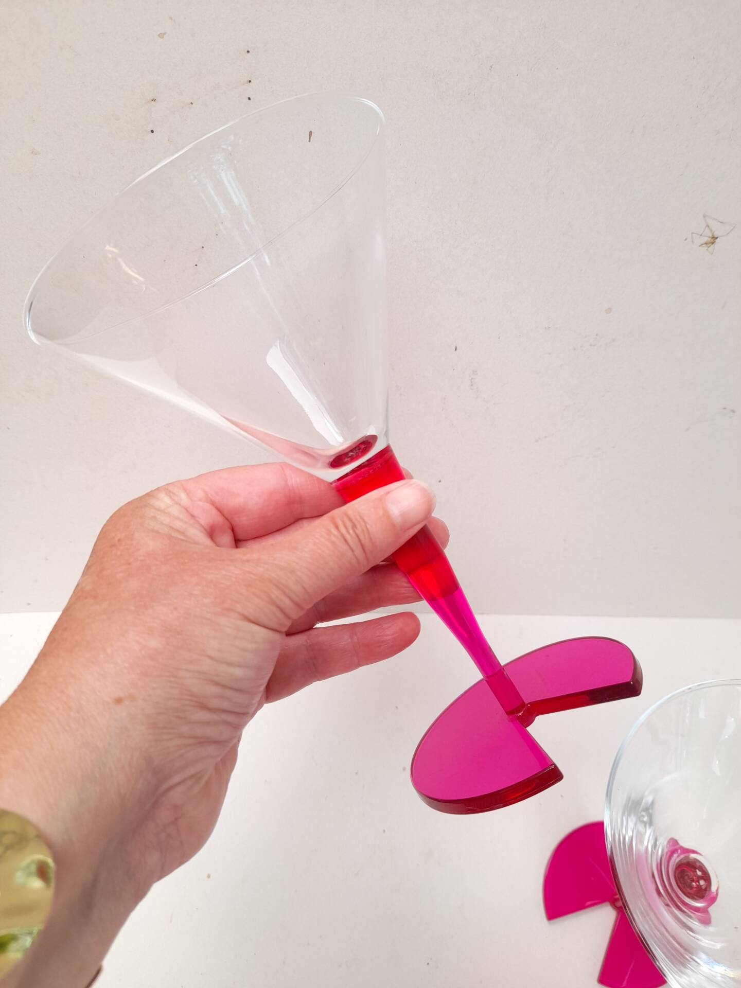 Pair of bright pink cocktail glasses from the 80s.