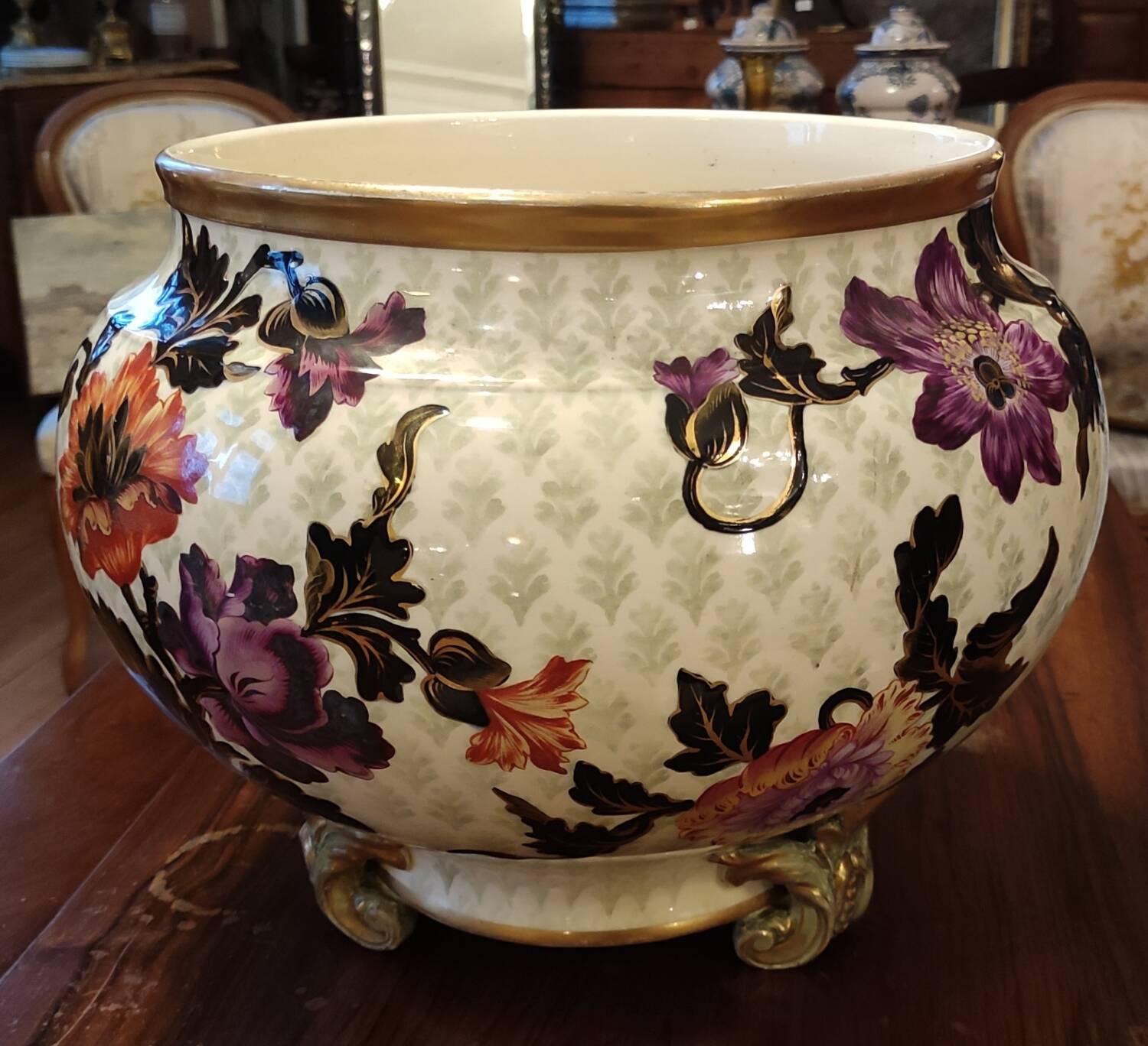 Old large Lunéville flower pot with Japanese floral decor
