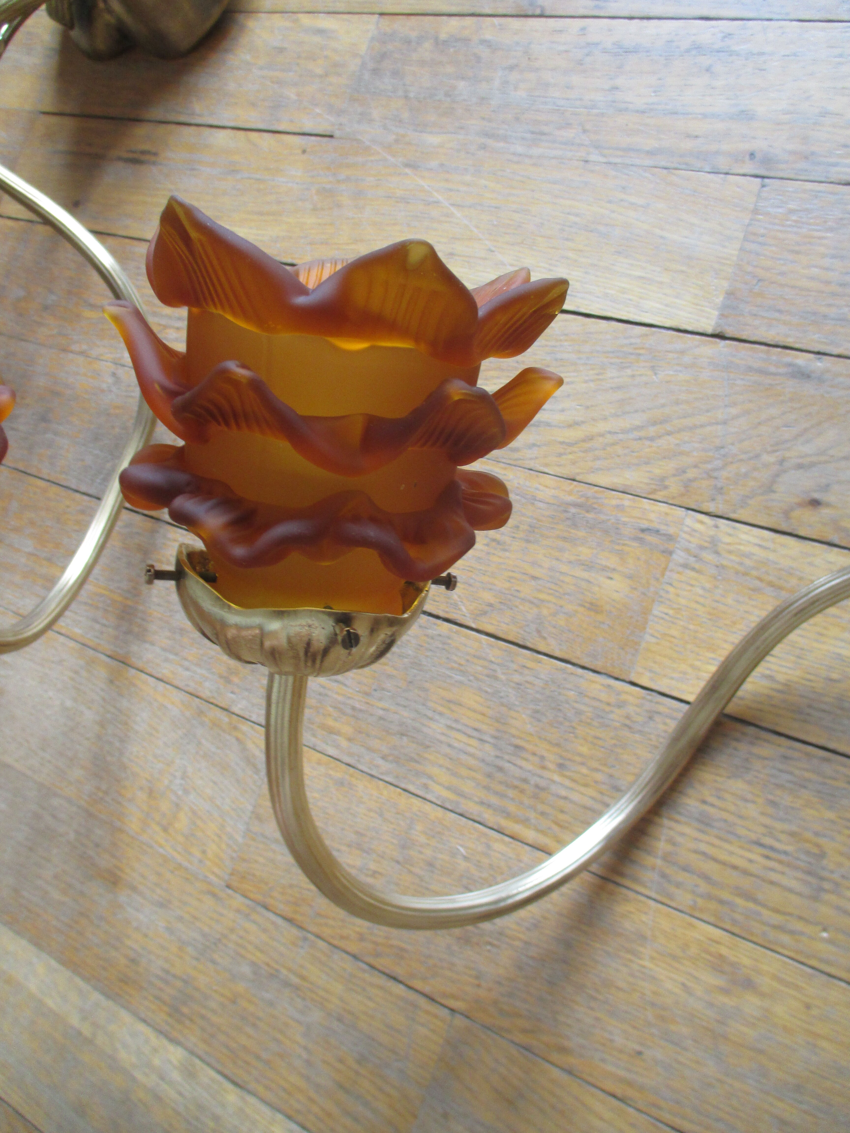 2 brass appliques leaves flowers tulip glass paste