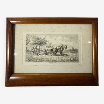 Gravure ancienne, les laboureurs par Jules Veyrassat (1828-1893)