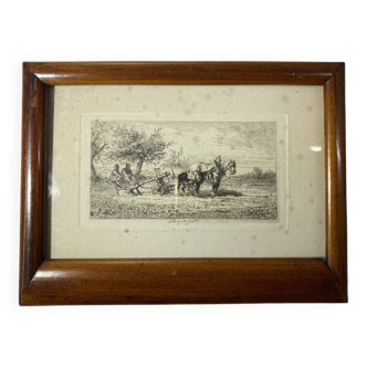 Gravure ancienne, les laboureurs par Jules Veyrassat (1828-1893)