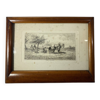 Old engraving, the plowmen by Jules Veyrassat (1828-1893)