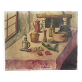Ancien tableau peinture huile toile nature morte cuisine cheminée faraoni
