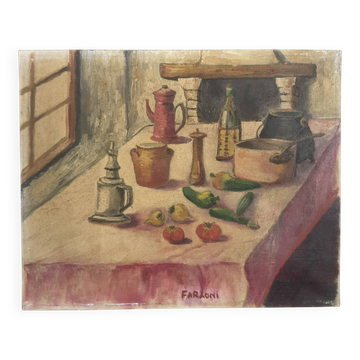 Old oil painting canvas still life kitchen fireplace faraoni