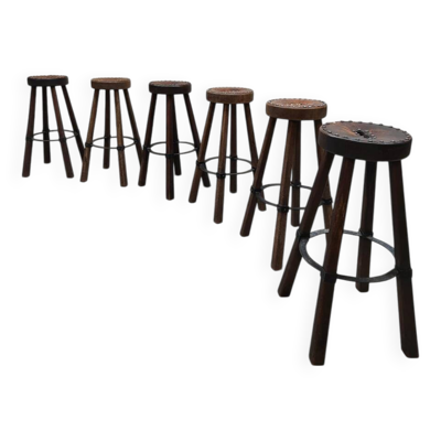 Tabourets de bar brutalistes en bois et cuir, Espagne 1970