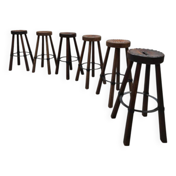 Tabourets de bar brutalistes en bois et cuir, Espagne 1970