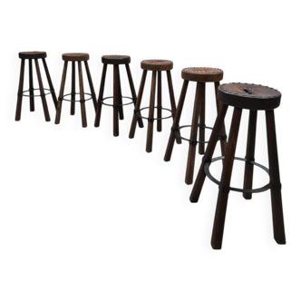 Tabourets de bar brutalistes en bois et cuir, Espagne 1970