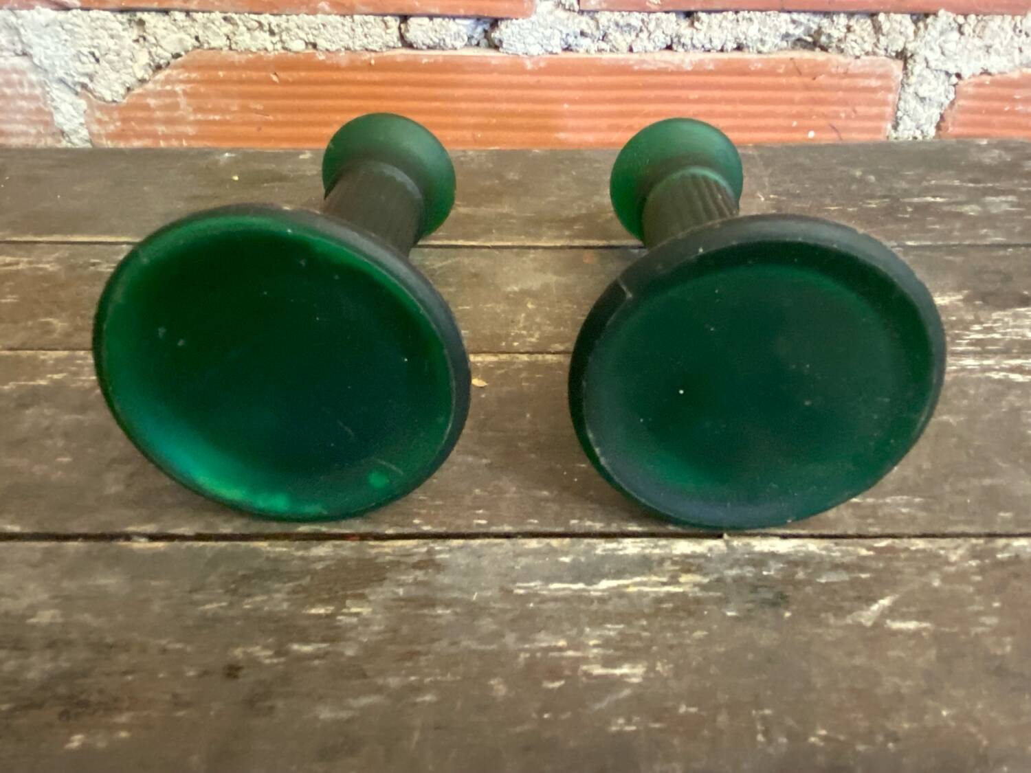 Pair of Antique Green Moulded Glass Candle Holders Column Shape Vintage #D813