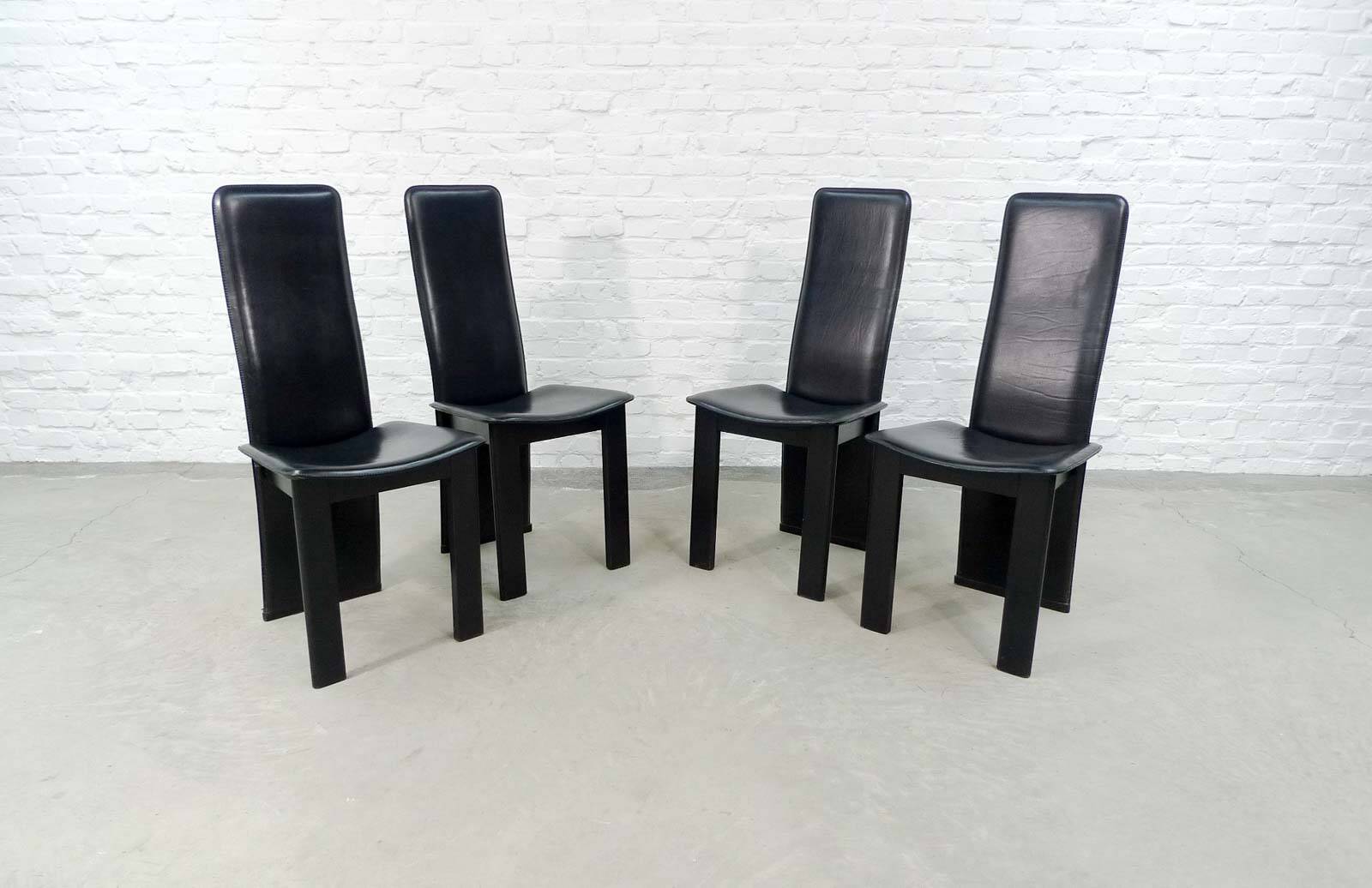 Cidue Style Black Sadle Leather High Back Italian Design Dining Chairs 70s