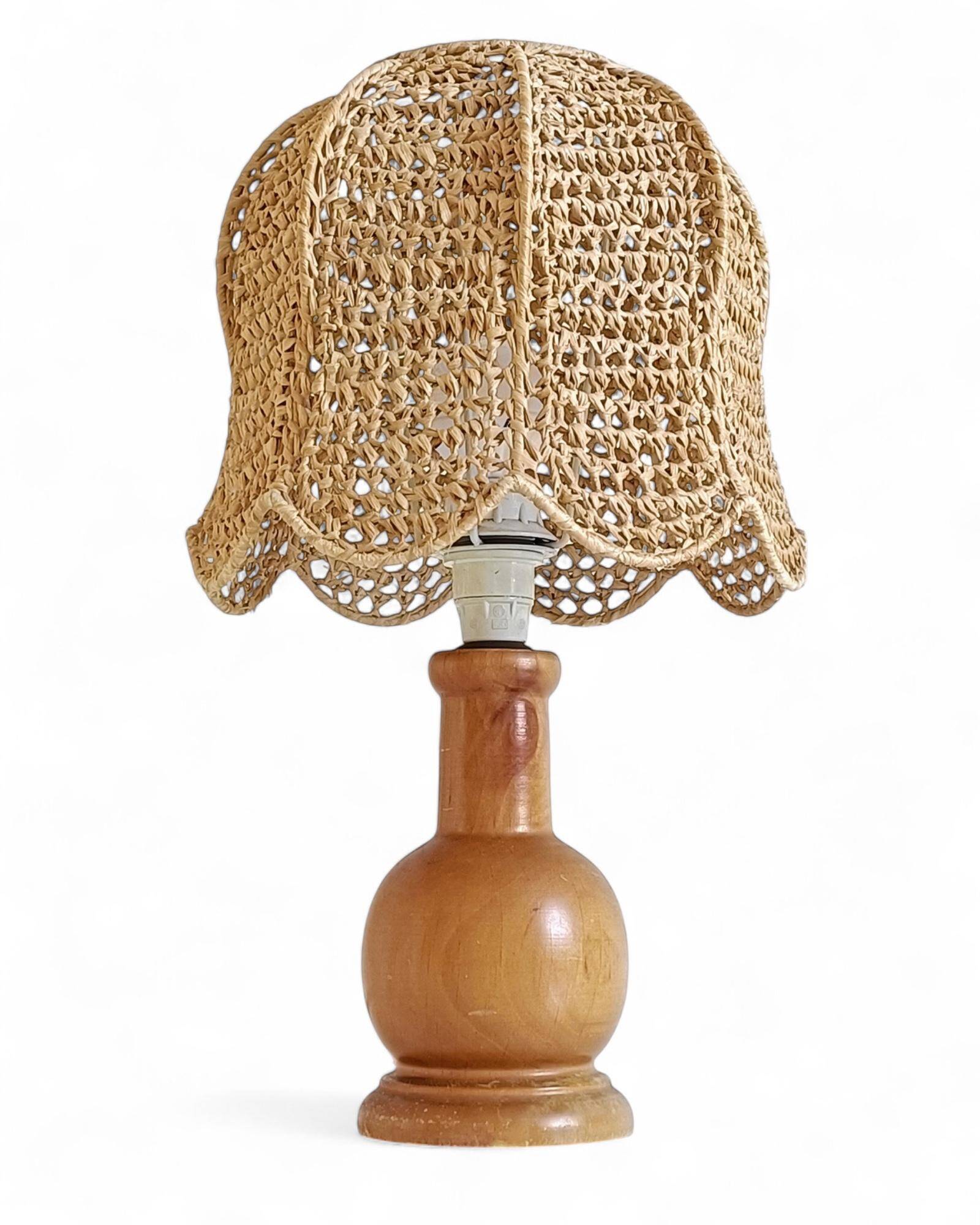 Mid-Century Bohemian Table Lamp, Pine Wood & Raffia, Italy, 1970s