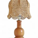 Mid-Century Bohemian Table Lamp, Pine Wood & Raffia, Italy, 1970s