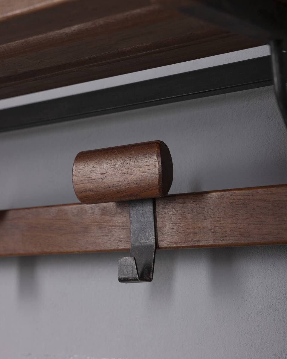 Vintage 1960s wall coat rack in metal and wood, italian design