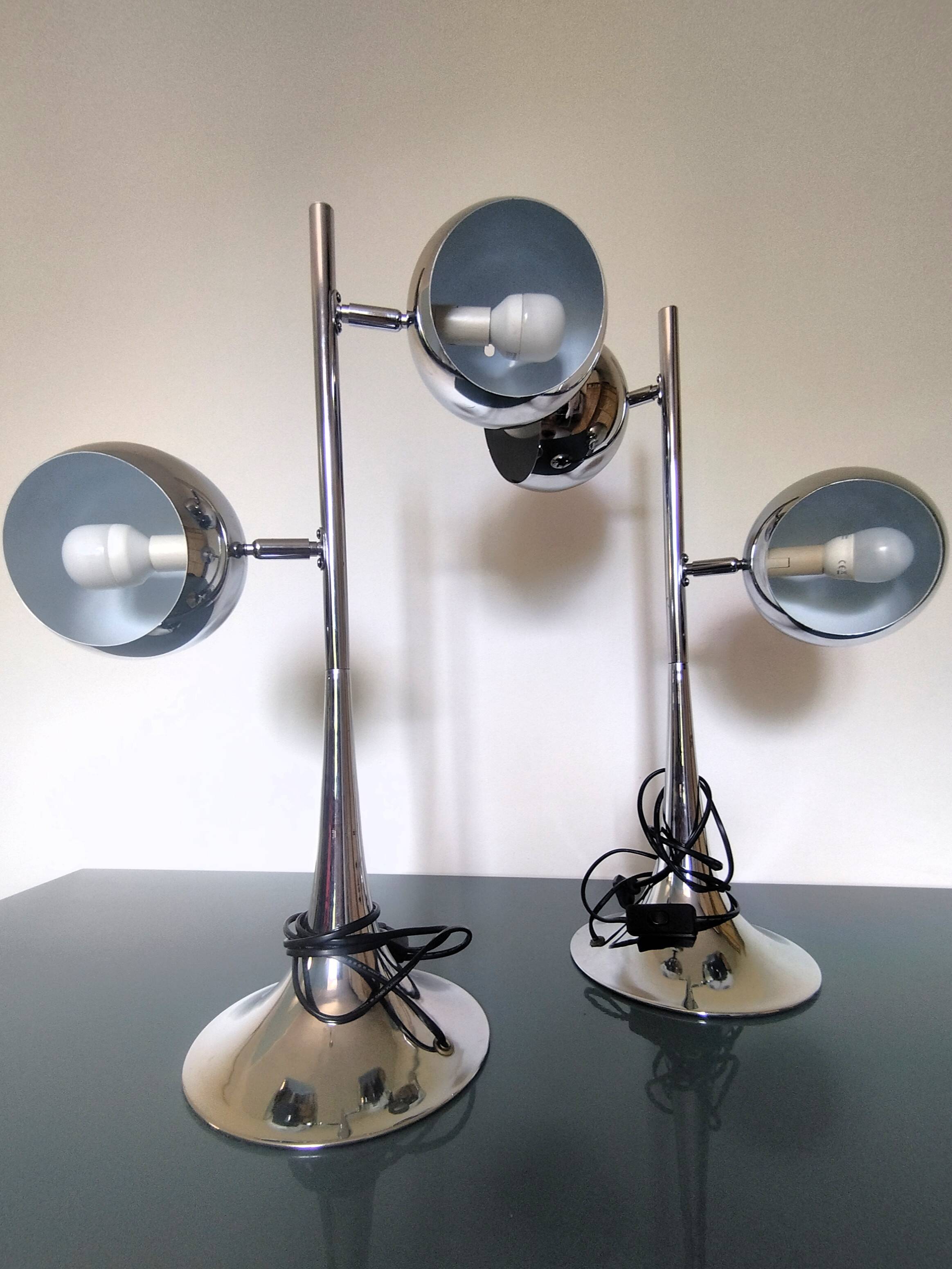 Rare vintage chrome lamps eye ball - tulip base - adjustable globes